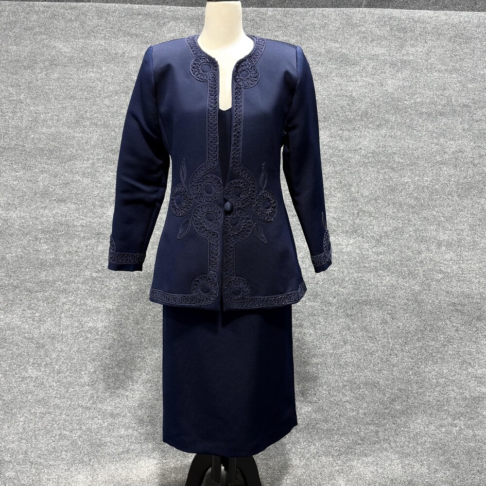 Nomi Rubinstein Skirt Suit Womens Small Navy 3 Piece Jacket Tank Embroidered